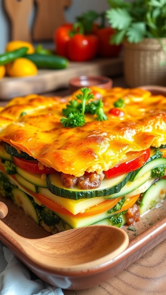 A dairy-free vegetable casserole with zucchini, bell peppers, and broccoli, garnished with parsley, in a rustic dish.